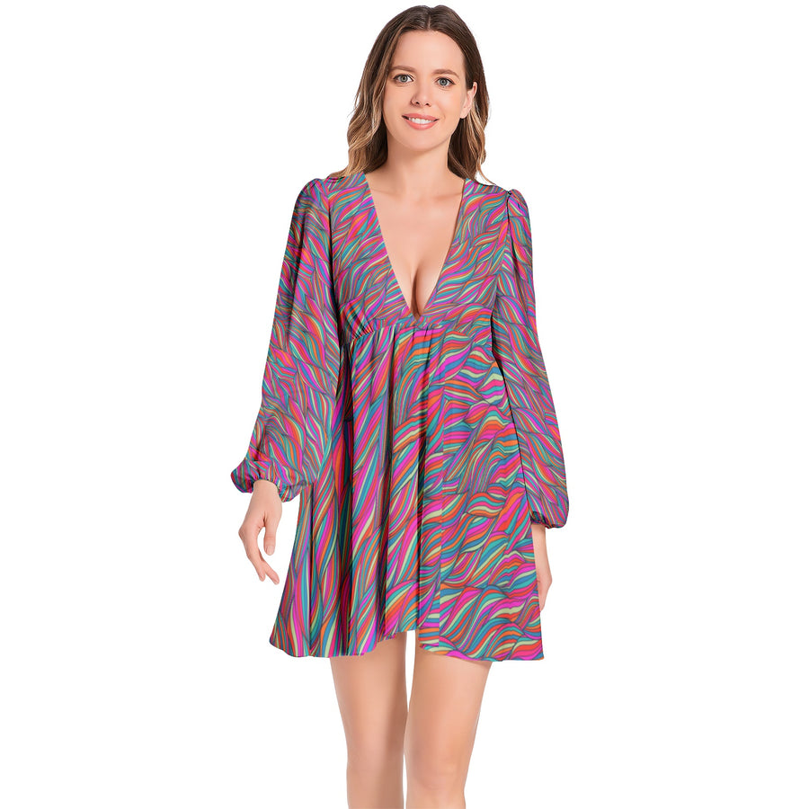 Dress Collection - Lantern Sleeve Deep V-Neck Short Dress - Ovah Name brand