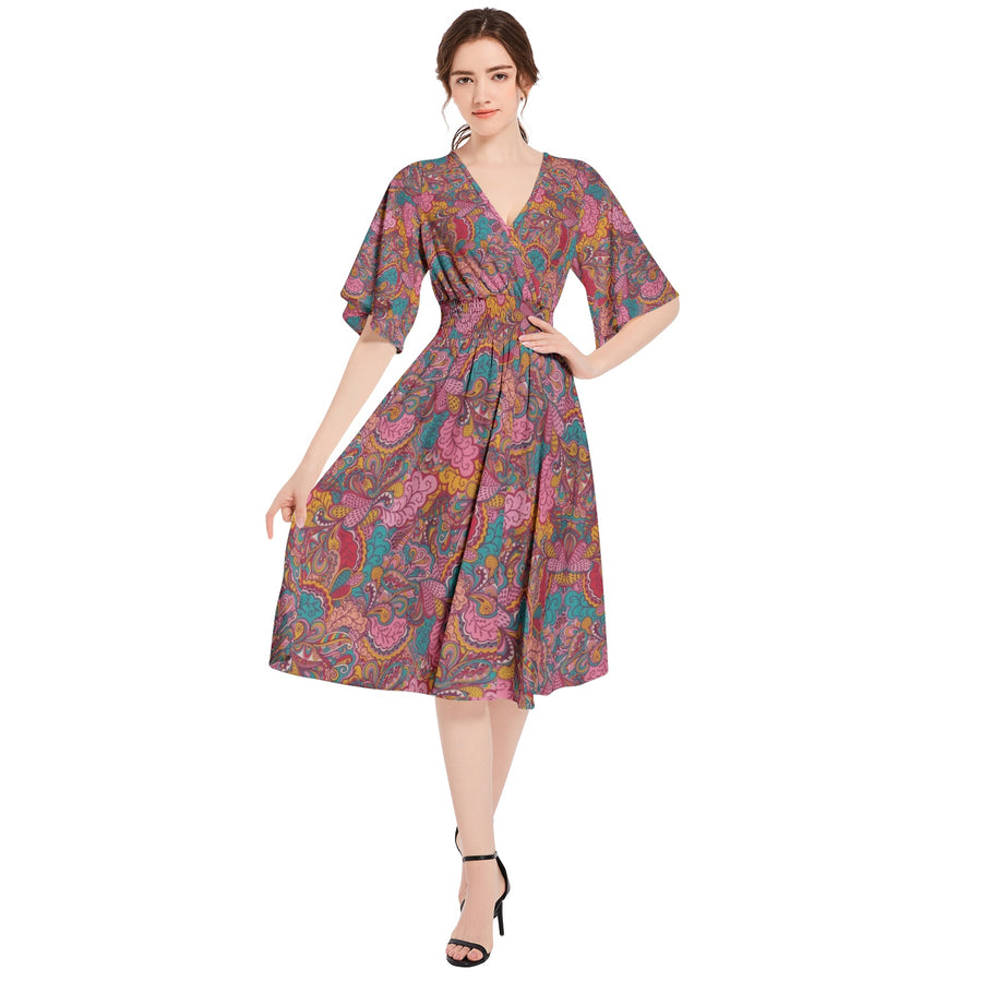 Dress Collection - Butterfly Sleeve Shirred High Waist A Line Midi Dress - Ovah Name Brand