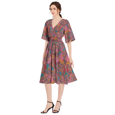 Dress Collection - Butterfly Sleeve Shirred High Waist A Line Midi Dress - Ovah Name Brand